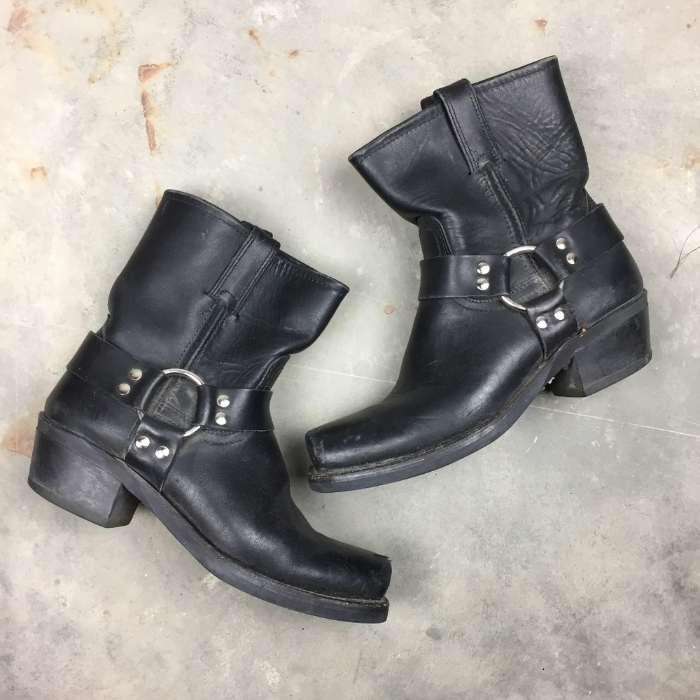 Frye Distressed Black Moto Harness Boots 8